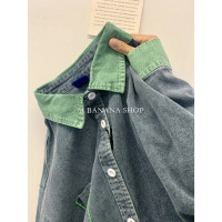 現貨~香蕉芭那那 撞色牛仔襯衫外套女小個子寬鬆秋季內搭疊穿襯衫