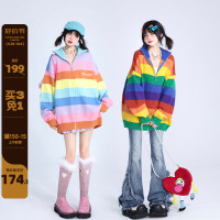 11SHOP97 彩虹條紋毛衣外套甜心芭比少女針織衫慵懶風拉鍊開衫