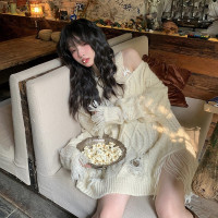 FunnJ方形茶幾 慵懶欲系乖妹設計感小眾破洞露肩毛衣女寬鬆針織上衣