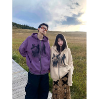 FunnJ方形茶幾○形影甜戀 情侶設計感重磅連帽開衫衛衣女慵懶寬鬆外套