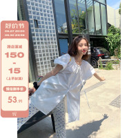 馨幫幫 自制小清新夏裝中長版娃娃衫泡泡袖小眾上衣繫帶短袖襯衫