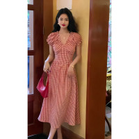格子V領短袖洋裝女2023年夏季新款設計感小眾高腰顯瘦a字長裙子