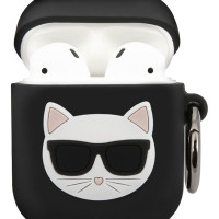 Чехол Karl Lagerfeld для наушников Apple Airpods 1, 2 / кейс на наушники Аирподс 1, 2, силиконовый с карабином Choupette, черный