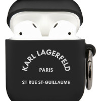 Чехол Karl Lagerfeld Silicone на Apple Airpods 1 2 / для Аипордс 1 2 с покрытием Soft-touch с карабином RSG, черный