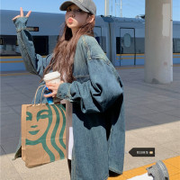 大尺碼港風復古中長版牛仔襯衫外套女胖妹妹春季新款寬鬆小眾上衣潮