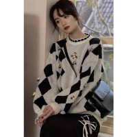 六角與淡菜Dancaiii 方塊A大大慵懶菱形幾何套頭立體黑白毛衣上衣