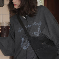 jmwomen圓領字母印花無帽套頭休閒上衣女秋外搭疊穿美式復古寬鬆上衣