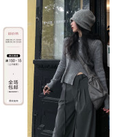 東日是個捲毛 藝術系學姐 圓領設計感毛衣女秋季套頭長袖針織上衣