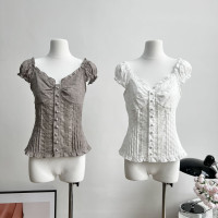 甜心寶貝 提花V領短袖小衫女夏季薄款顯瘦百搭上衣