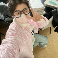 韓版hiphop粉色條紋長袖襯衫女春秋寬鬆慵懶風氣質休閒百搭襯衣潮