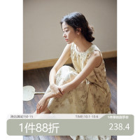 【限時88折】樹葉印花棉質吊帶洋裝女夏2023新款復古無袖中長裙