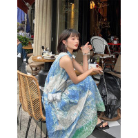 Turn right/陳大腿 復古油畫撞色立領洋裝女夏寬鬆百搭小眾長裙