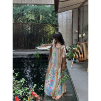 FunnJ方形茶幾◆清冷繆斯 新中式碎花中長版吊帶洋裝女復古度假長裙