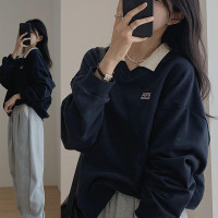 polo領美式正肩衛衣女秋冬設計感小眾hiphop外套復古加絨長袖上衣