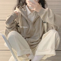 學院風休閒開衫厚棉T外套女春秋薄款寬鬆慵懶風秋季純棉拉鍊連帽