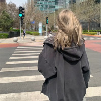 秋季灰色厚棉T外套女春秋chic早春2023新款韓系慵懶風厚連帽開衫冬