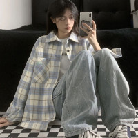 美式復古長袖格子襯衫外套女春秋設計感小眾寬鬆別致絕美襯衫上衣