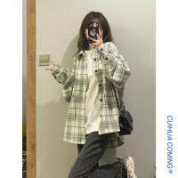 綠色格子襯衫女春秋寬鬆設計感小眾上衣法式復古長袖襯衫休閒外套