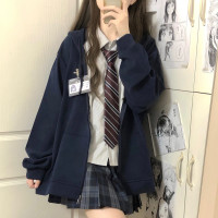 藏青寬鬆連帽運動衫女學生秋冬顯瘦百搭酒紅加絨拉鍊開衫jk外套上衣