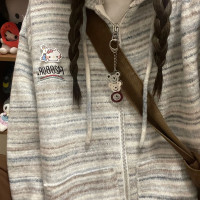 超好看寬鬆條紋連帽毛衣開衫女秋冬日系慵懶復古軟糯針織拉鍊外套