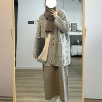 韓系溫柔軟糯毛衣女日系復古vintage坑條大口袋慵懶風bf針織開衫