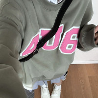 圓領套頭厚棉T女春季美式復古布貼繡字母設計感小眾寬鬆百搭上衣潮