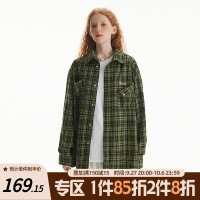 BEETLE TOWN 秋黃色格子長袖襯衫撞色復古寬鬆情侶休閒外套男女潮