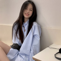 韓系穿搭藍色襯衫女裝早秋2023新款長袖襯衫外套寬鬆休閒慵懶上衣