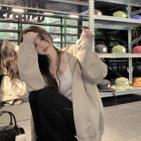 小個子灰色長袖連帽運動衫女裝外套秋季寬鬆慵懶風休閒開衫拉鍊上衣