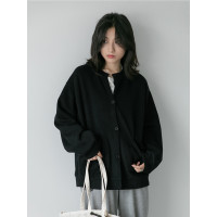 黑色圓領厚棉T開衫外套女春秋2023日系復古慵懶風寬鬆休閒長袖上衣