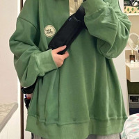 綠色polo領衛衣女春秋冬美式復古oversize寬鬆慵懶風插肩長袖上衣