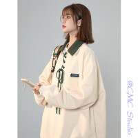 美式復古polo領衛衣女春季設計感小眾日系綁帶上衣2023新正肩外套