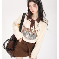 AONW 早春新款繫帶字母印花翻領撞色短款寬鬆上衣女小眾設計長袖