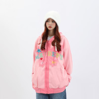 b2自制美式復古字母蝴蝶多巴胺紫連帽運動衫女春秋甜酷粉色辣妹外套