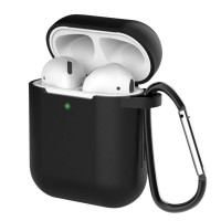 Силиконовый чехол для наушников AirPods 1 и Apple AirPods 2 / Аирподс 1 и Эпл Аирподс 2 с карабином черный