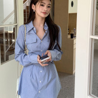 法式藍色條紋綁帶襯衫式洋裝女秋季高級感辣妹氣質a字兩件套裙子