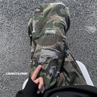 破洞設計感迷彩工裝褲美式vibe街頭褲子oversize痞帥炸街牛仔褲潮