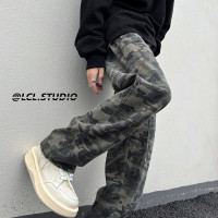 高街迷彩牛仔褲vibe風美式復古潮牌長褲男hiphopins潮炸街直筒褲