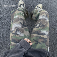 刺繡迷彩工裝牛仔褲美式復古hiphop褲子潮牌ins破壞感窄版伐木褲