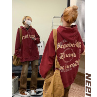 NE21OUS秋冬美式復古小眾開衫外套酒紅色加絨連帽拉鍊衛衣女潮INS
