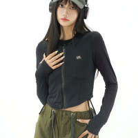 Amoeba冰感透氣運動休閒連帽防曬衣女辣妹短款顯瘦收腰彈力長袖夏