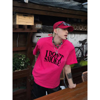 火龍果色300g重磅純棉t恤潮牌小領口cleanfit短袖男款痞帥半截袖