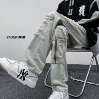 高街重工牛仔褲設計感拉鍊破洞vibe風潮流直筒褲子男春季2023新款