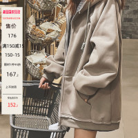 JOYOFAN連帽開衫拉鍊外套衛衣女2023秋季新加絨加厚寬鬆泥土灰色