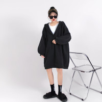 中長版寬鬆超大尺碼胖mm連帽運動衫裙女2023秋季黑色遮臀顯瘦慵懶外套