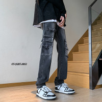 毛邊口袋工裝褲顯瘦小眾原創設計褲子高街美式vibe直筒褲潮男穿搭