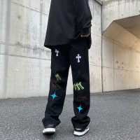 美式街頭hiphop褲子男ins水洗重工藝刺繡牛仔褲小眾設計感直筒褲