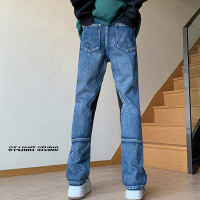 深藍色微喇牛仔褲修身直筒vibe褲子男美式高街設計感高個子工裝褲