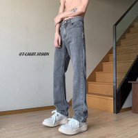 西海岸美式褲子男高街vibe窄版菸灰色刺繡牛仔褲直筒修身微喇叭褲