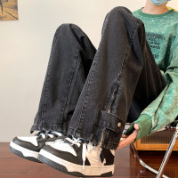 褲腳拉鍊開叉直筒褲設計感小眾hiphop按扣牛仔褲oversize闊腿褲潮